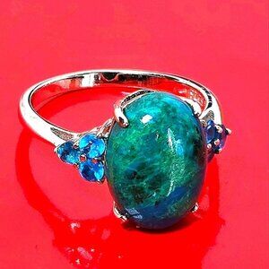 925 Sterling Silver Ring SZ 8 with Natural 13x10mm Chrysocolla & Apatite Gems